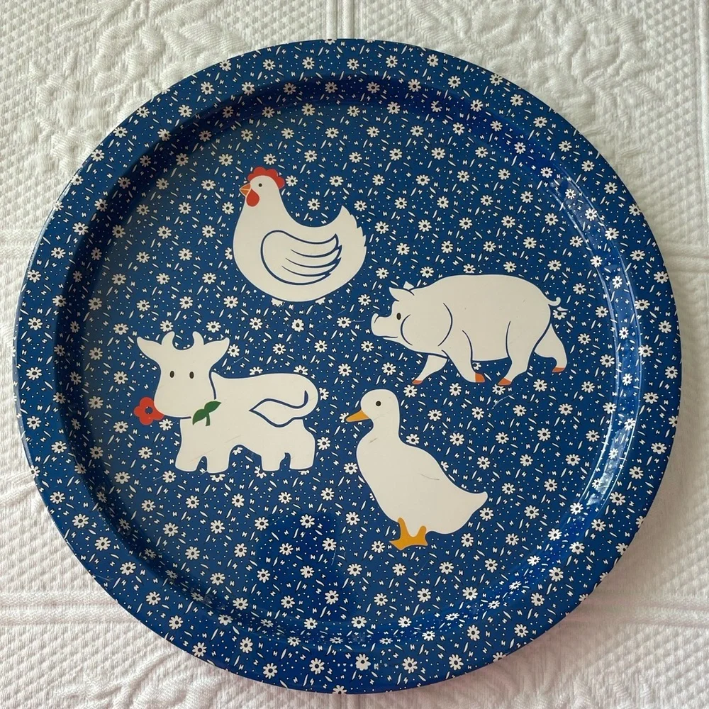Farm Animal Metal Serving Tray Decor Cow Pig Chicken Duck Blue White Set of 2 - Picture 4 of 7
